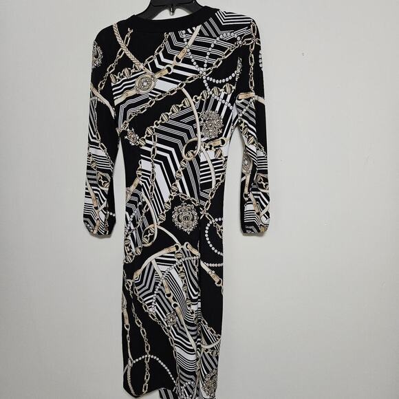 Cache Faux Wrap Dress Size M Chain Pearl Print Black Deep V Stretch 3/4 Sleeve - Picture 7 of 10